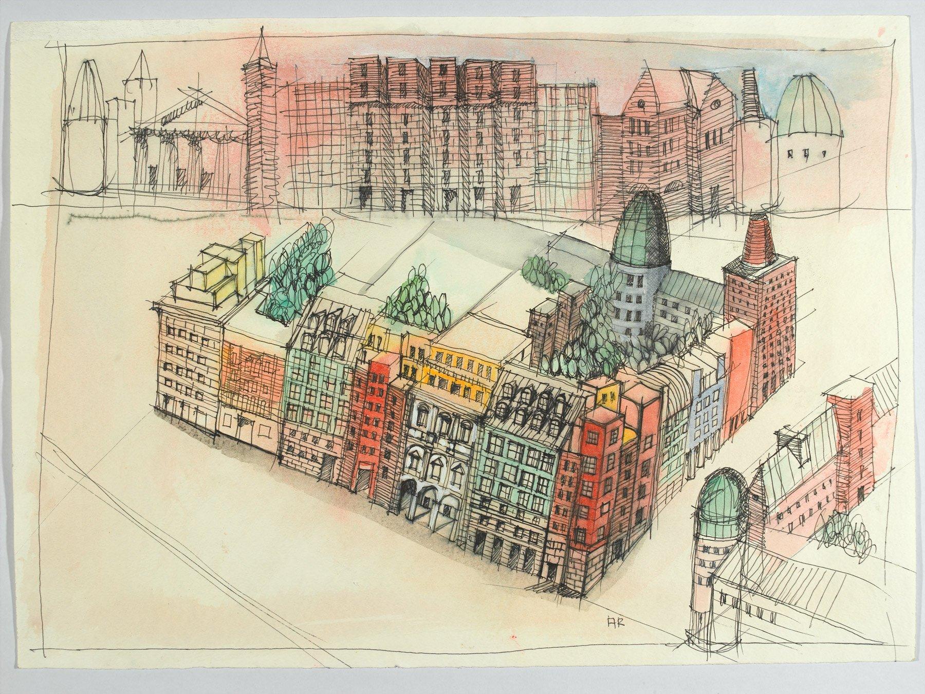 aldo rossi's architectural drawings spread vivid colors & bold